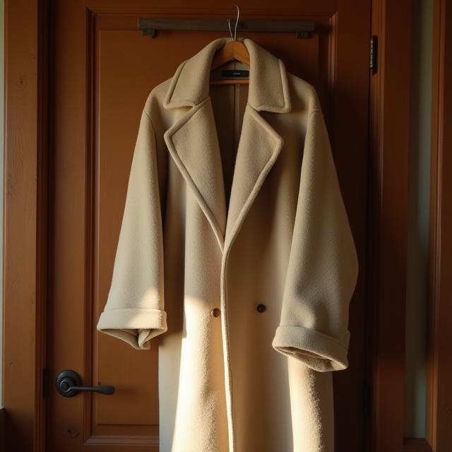 Abrigo lana oversize colgado en puerta