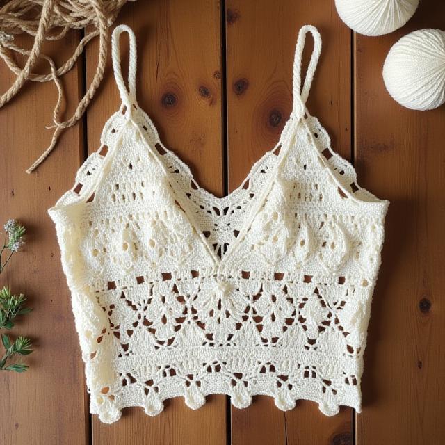 Top crochet marfil sobre mesa de madera